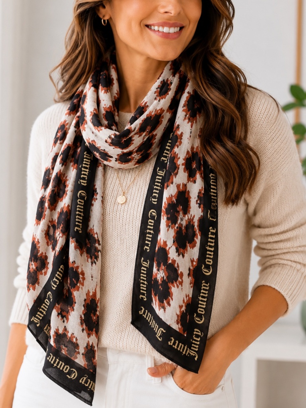NWT Juicy Couture Leopard Animal Print Long Scarf Wrap Shawl Black Brown 35x70